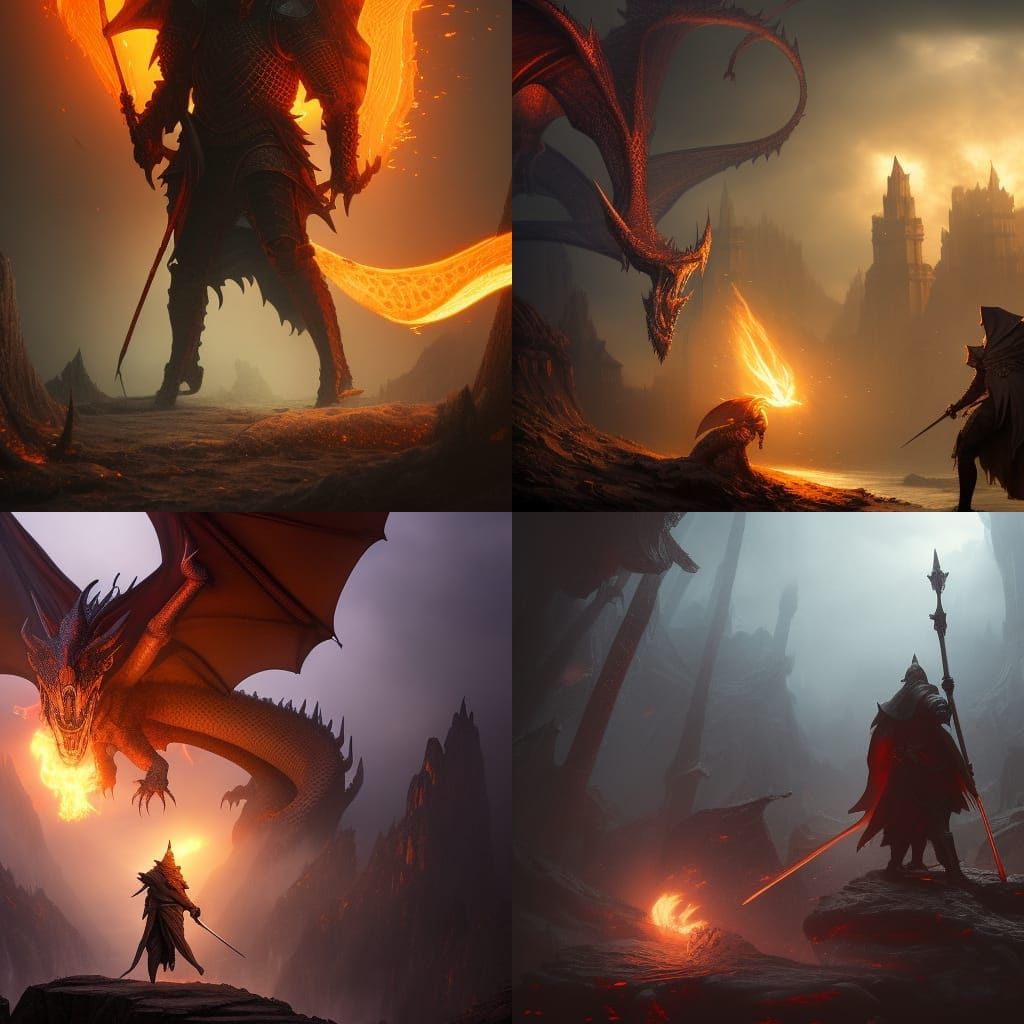 Knight Confronts Smaug: A Dark Fantasy Masterpiece