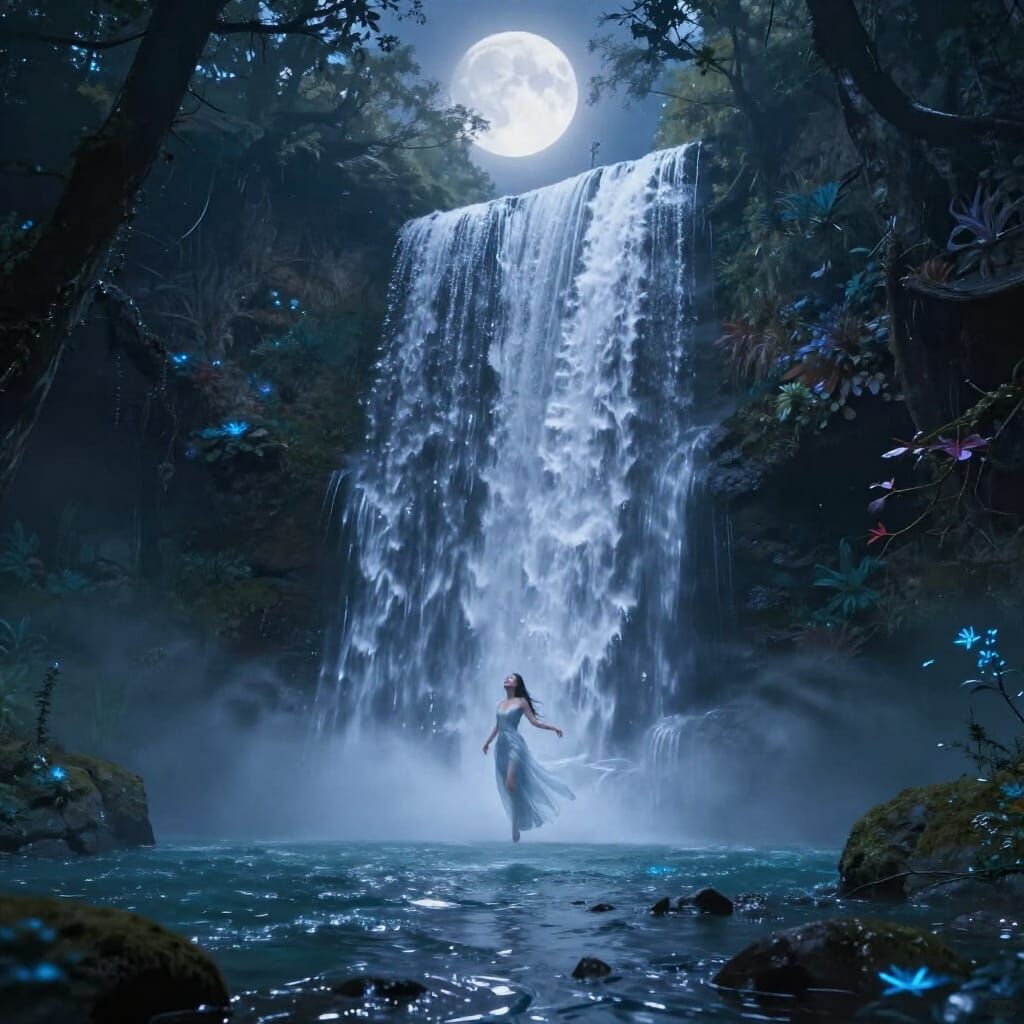 Moonlit Waterfall with Ethereal Woman in Digital Matte Paint...