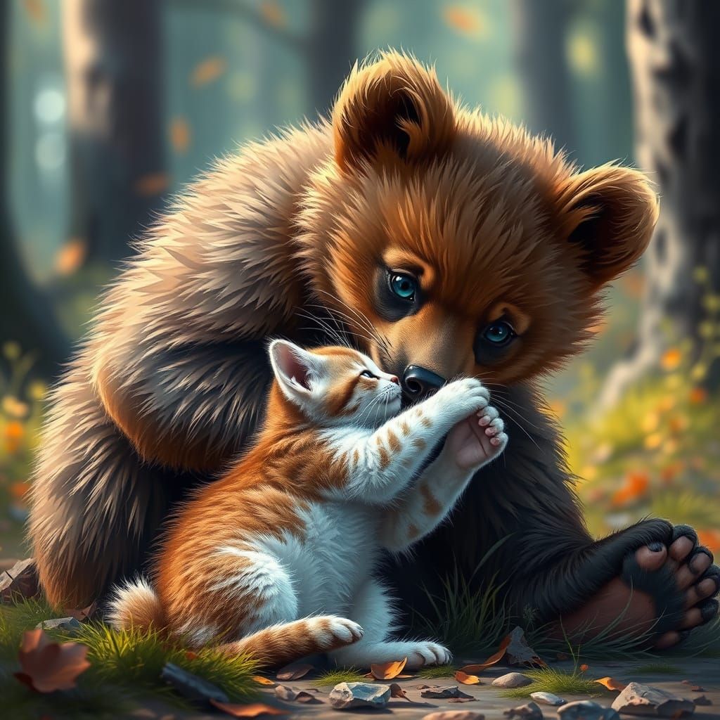 Brown Bear Cub and Kitten in Hyperrealistic Forest Scene