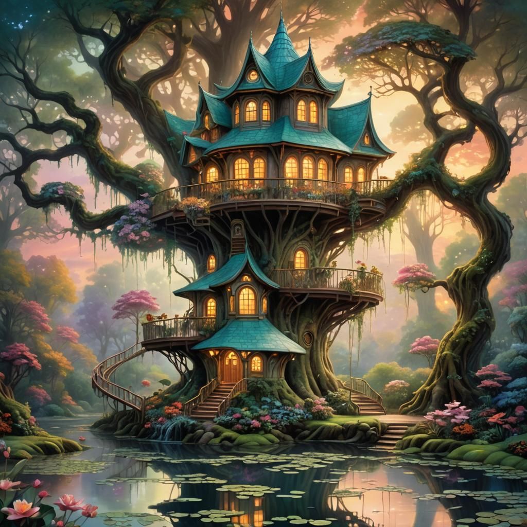 Art Nouveau Treehouse for Frogs at Sunset