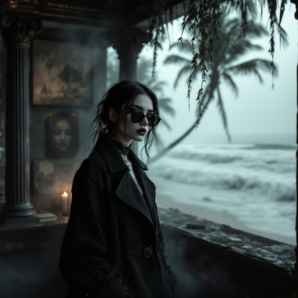 Goth Model in Foggy Coffee Shop with Ocean Tidal Wave