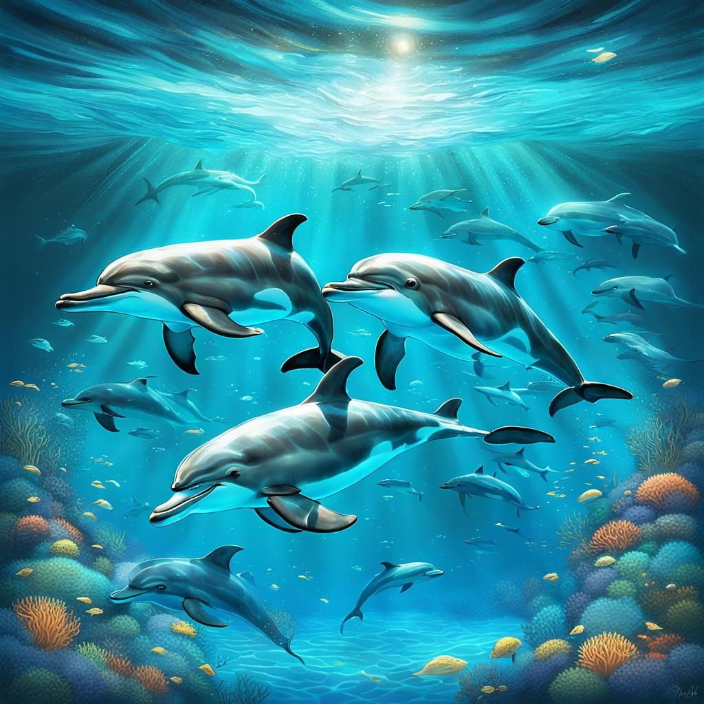 Dolphins in Bioluminescent Waters: A Whimsical Digital Illus...