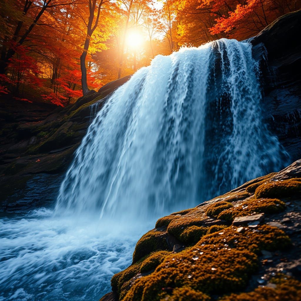Autumn Waterfall in Sunlit Forest Glade