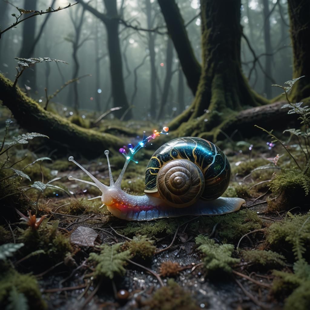 Surreal Snail with Galaxy Shell in Forest
