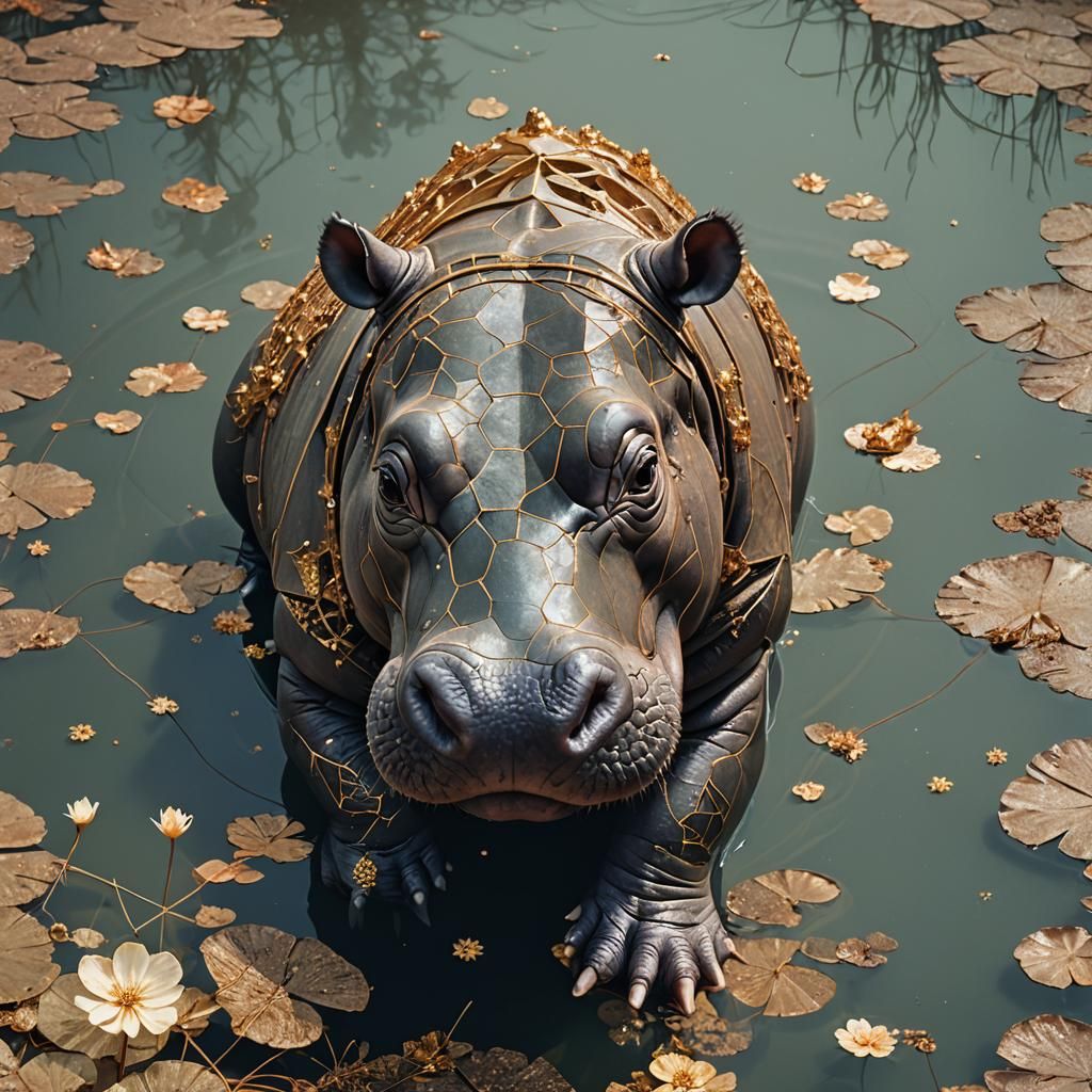 Bronze Filigree Hippo in Pond with Geometric Constellations