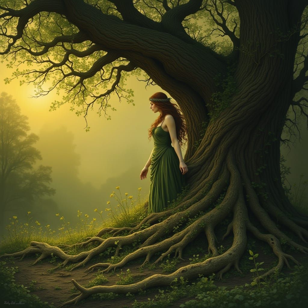 Dryad Emerges in Ancient Forest at Golden Hour