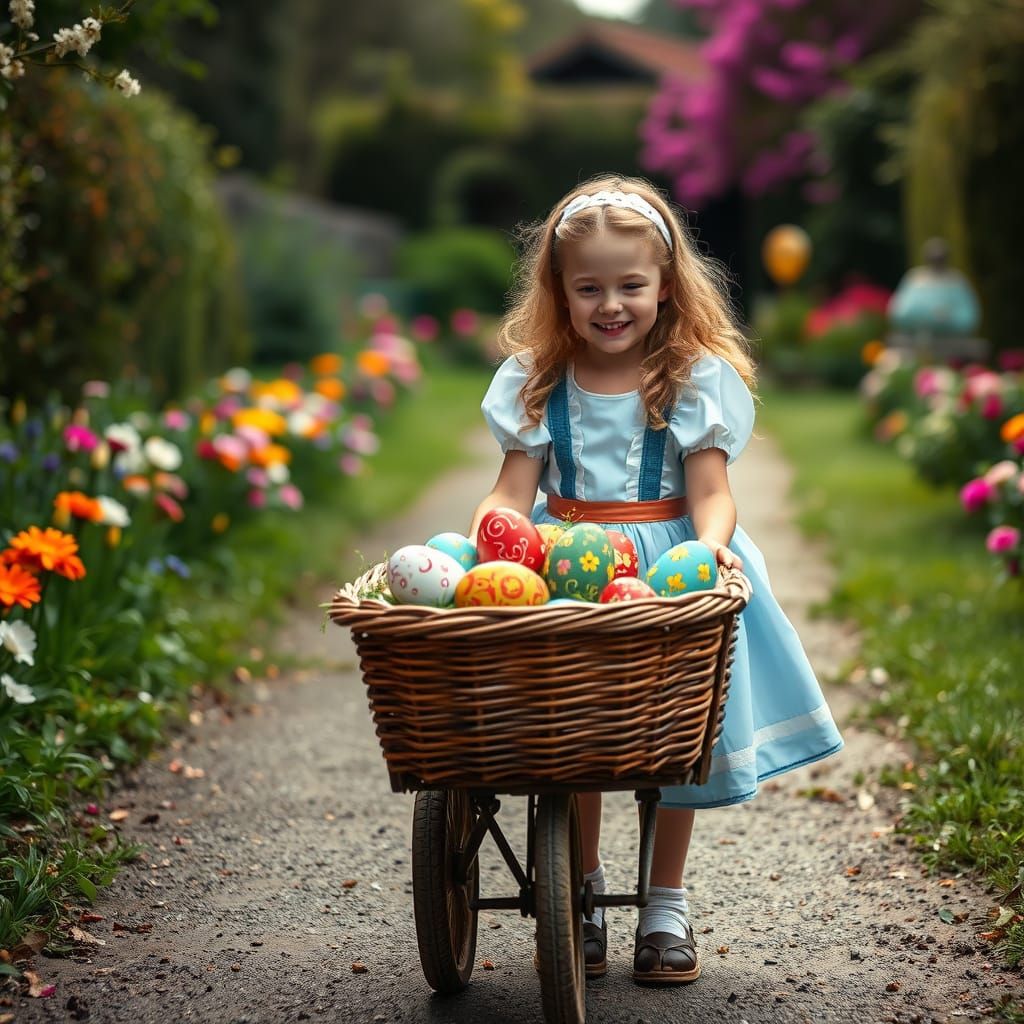Surreal Whimsy: Blonde Girl Pushes Easter Egg Wheelbarrow in...
