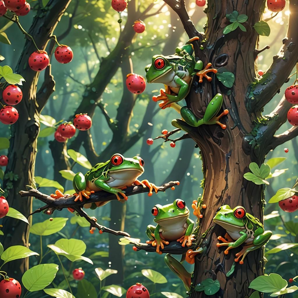 Berry Frogs Leap From Tree: 3D Anime Art