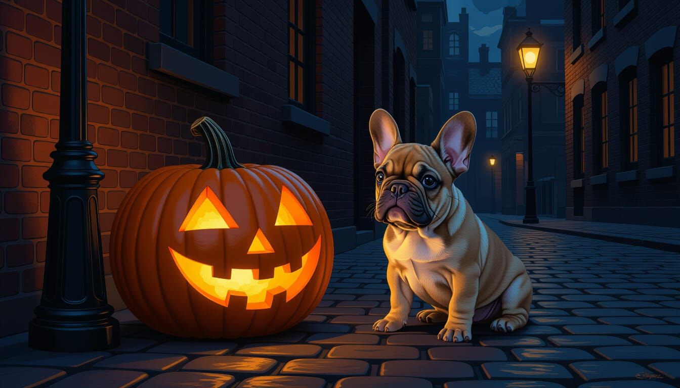 French Bulldog With Pumpkin on Eerie Street Corner