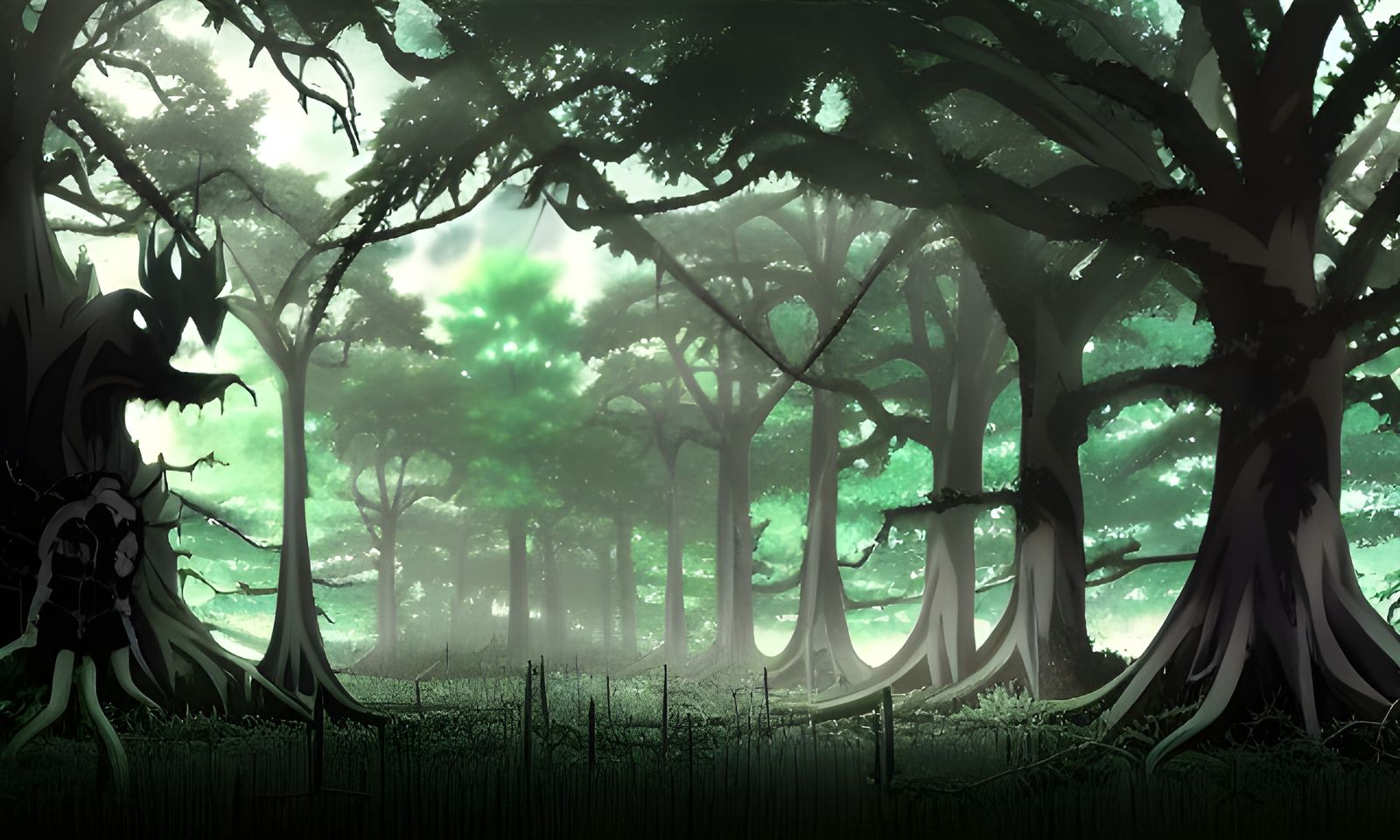 Spooky Anime Forest with Bats and Spiderwebs