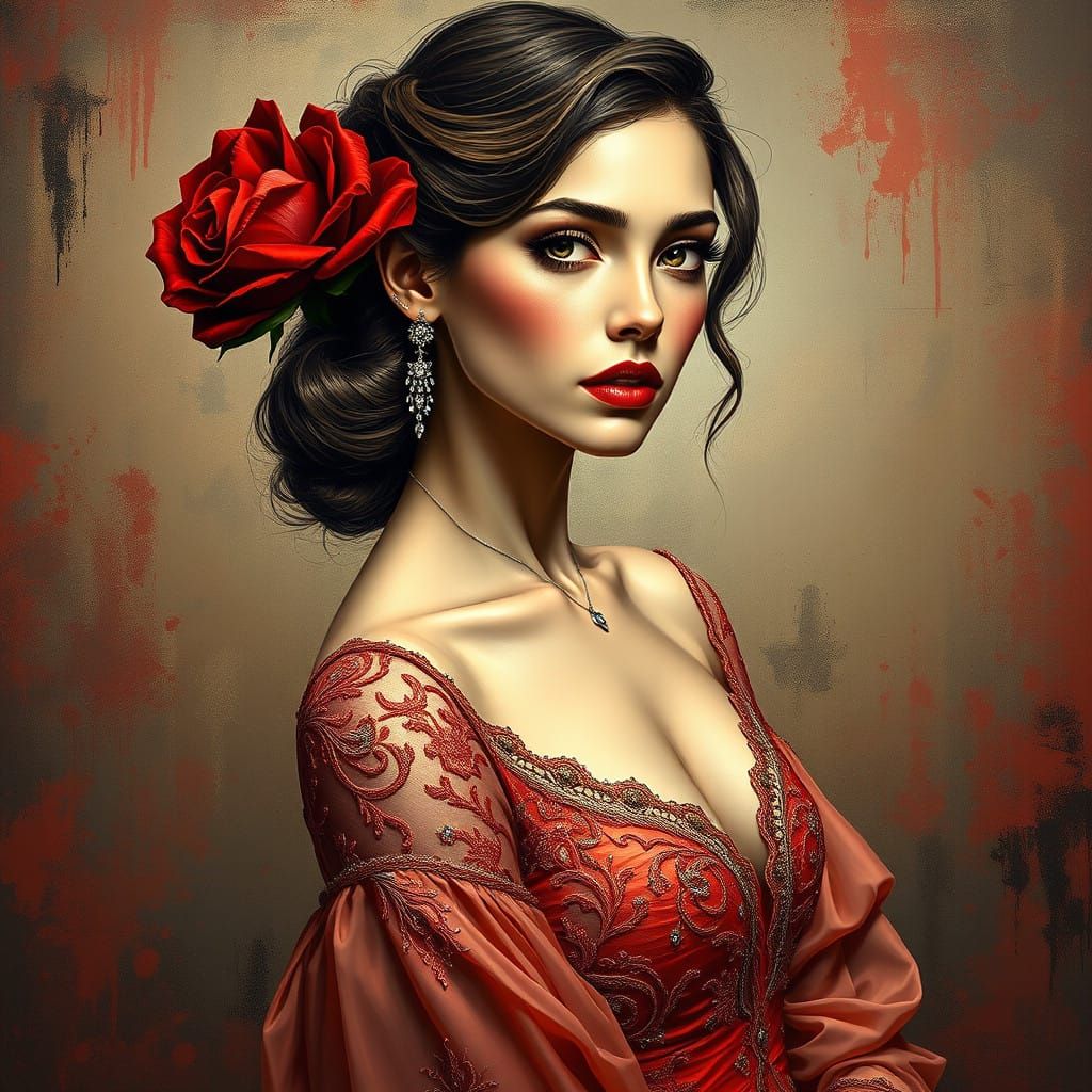 Elegant Woman in Vintage Rose-Inspired Art