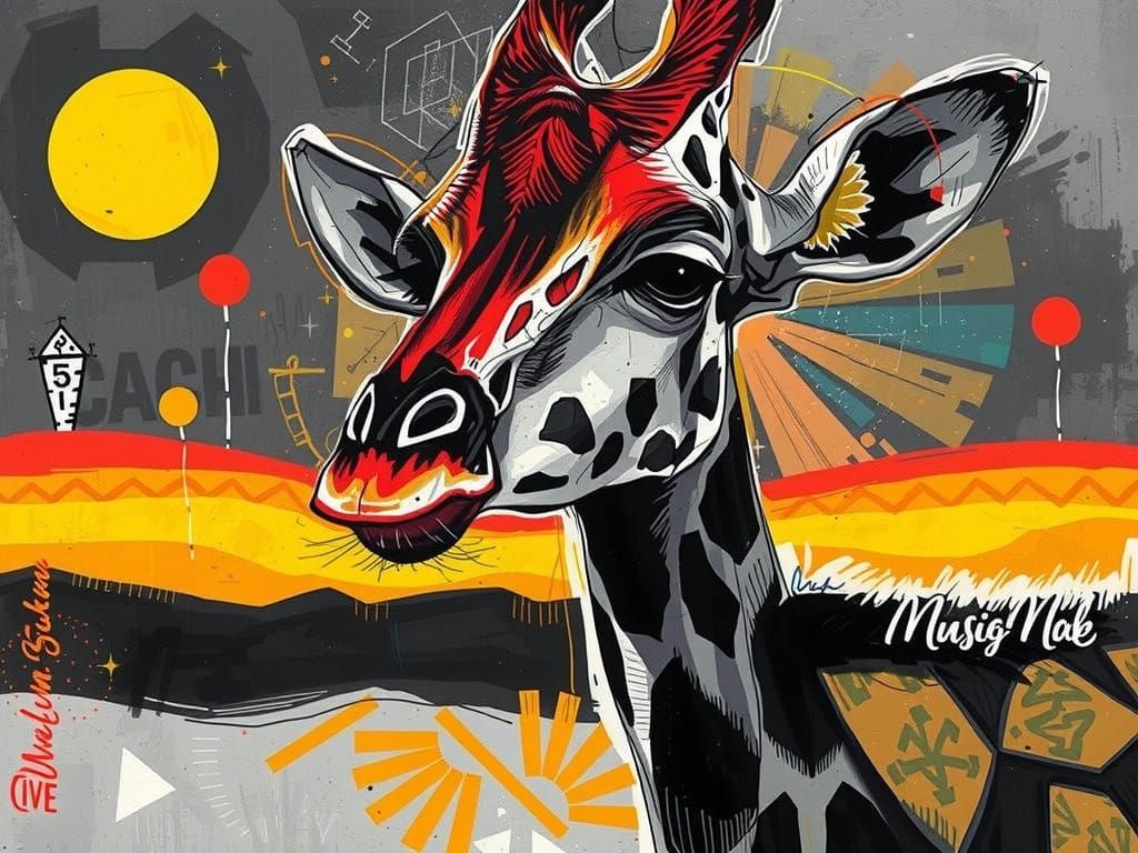 Expressive Charcoal Giraffe in Vibrant Jazz Club Setting