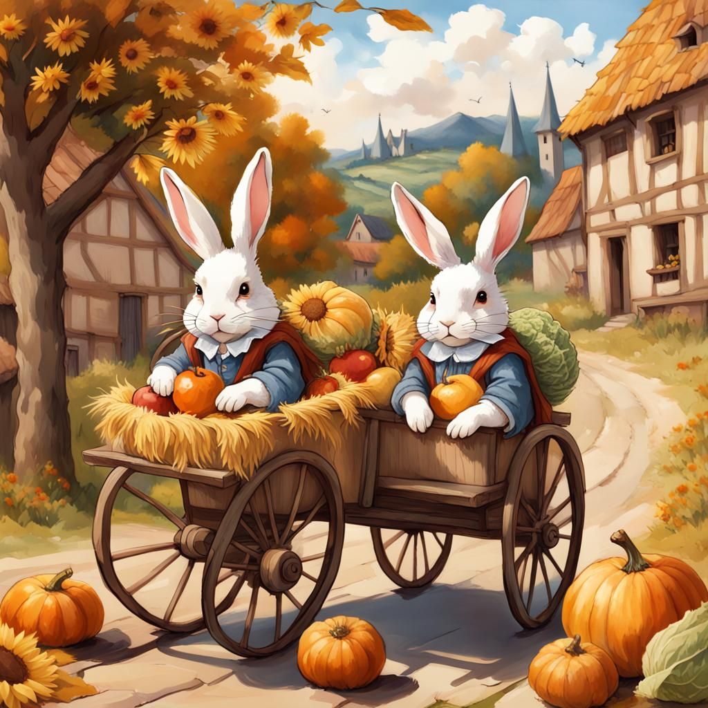 Rabbits in Medieval Costumes in Autumn Landscape