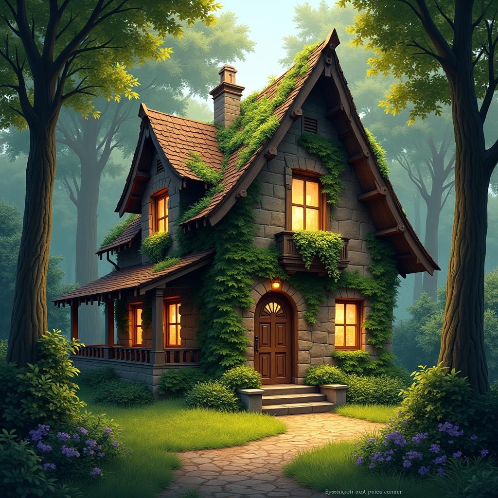 House Covered in Ivy Among Towering Trees