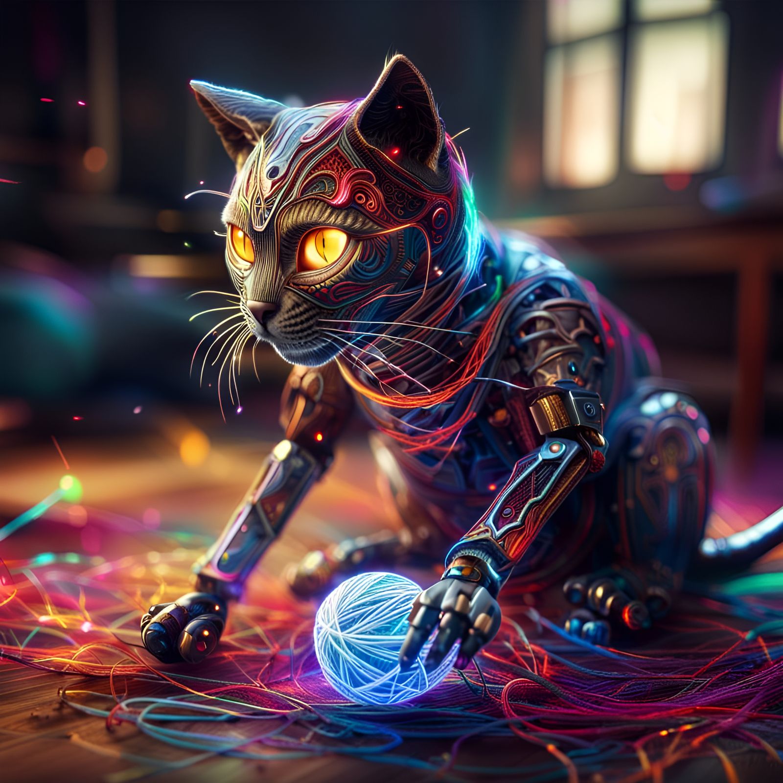 Robotic Cat Playing with Yarn: Digital Art