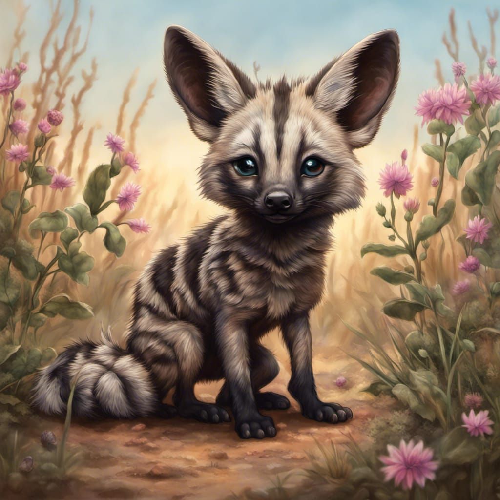 Hyperdetailed Chibi Aardwolf in Native Habitat