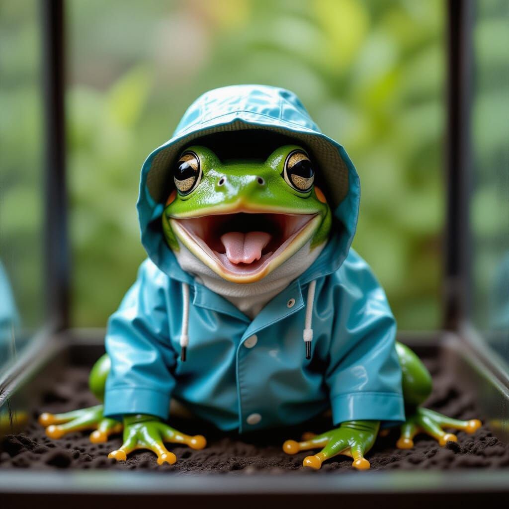 Shocked Frog in Raincoat: Photorealistic Still Life