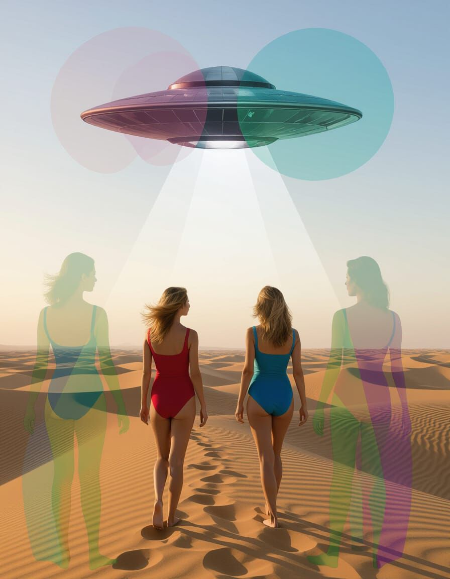 Women on Dune Staring at UFO in Abstract Expressionist Style