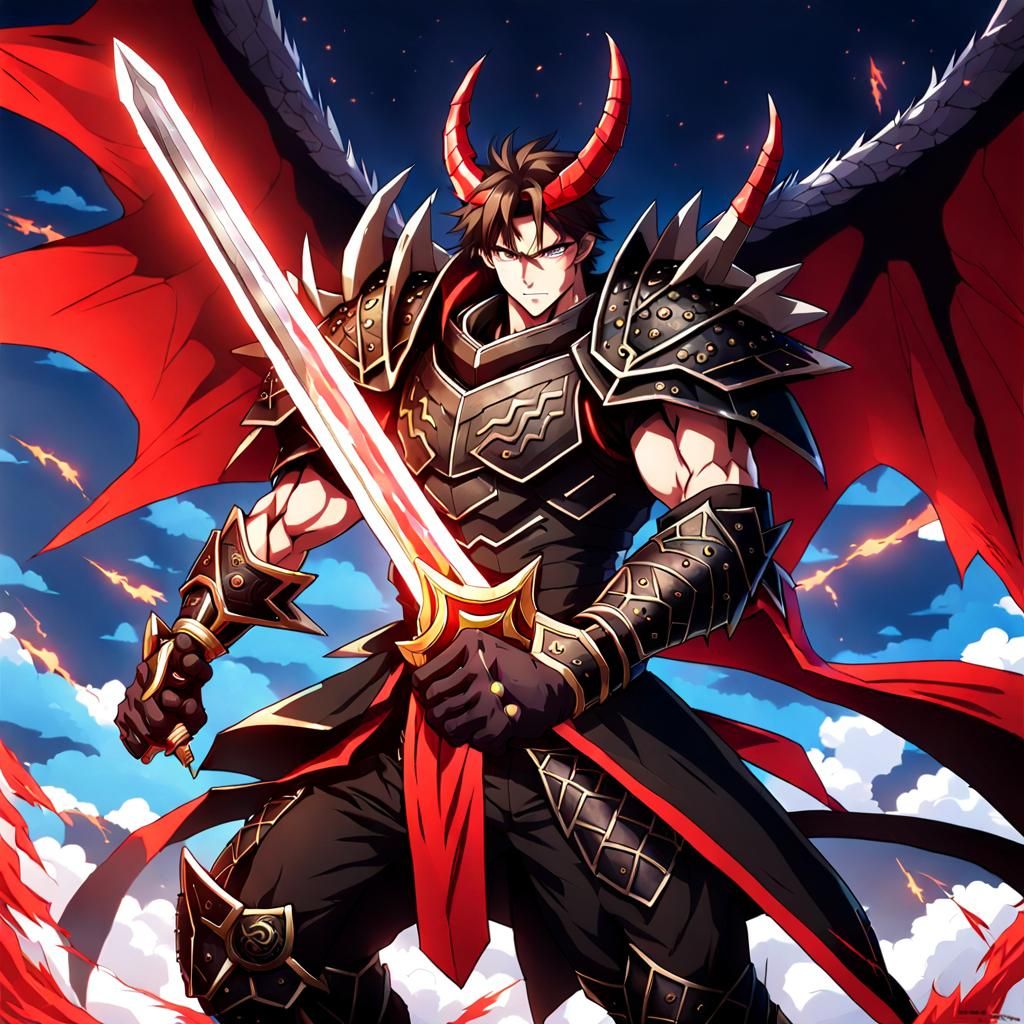 Anime Warrior in Dragon Armor with Red Lightning