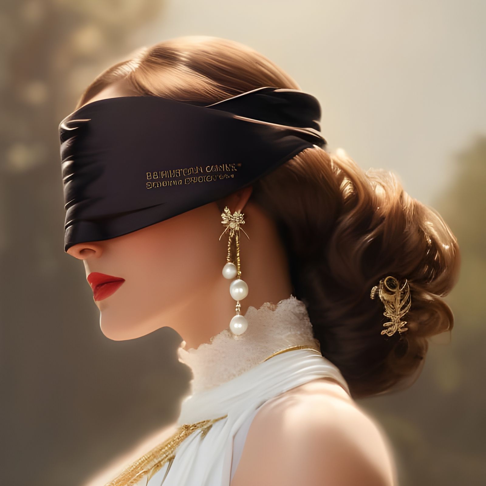 Enticing Blindfolded Beauty in Garden, Photorealistic Style