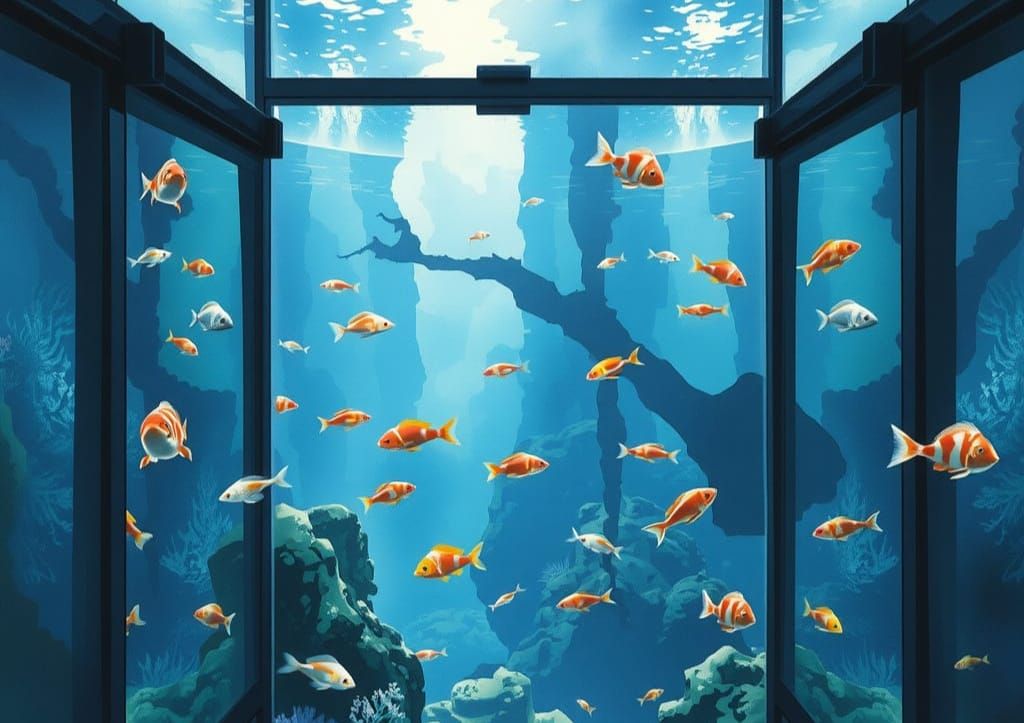 Wang Wei-Inspired Aquatic Scene Under Glass