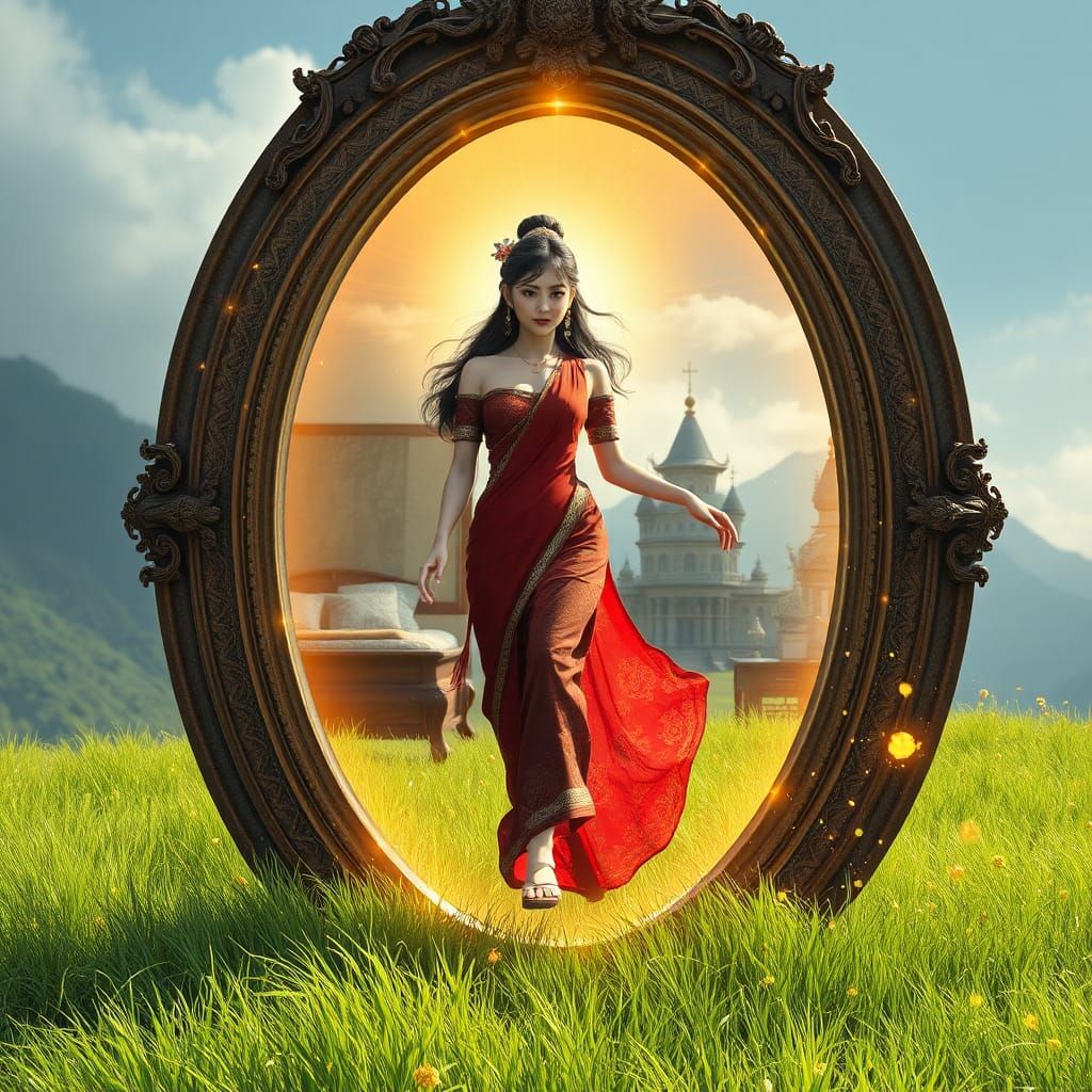 Asian Woman Emerges from Mirror in Anime Style