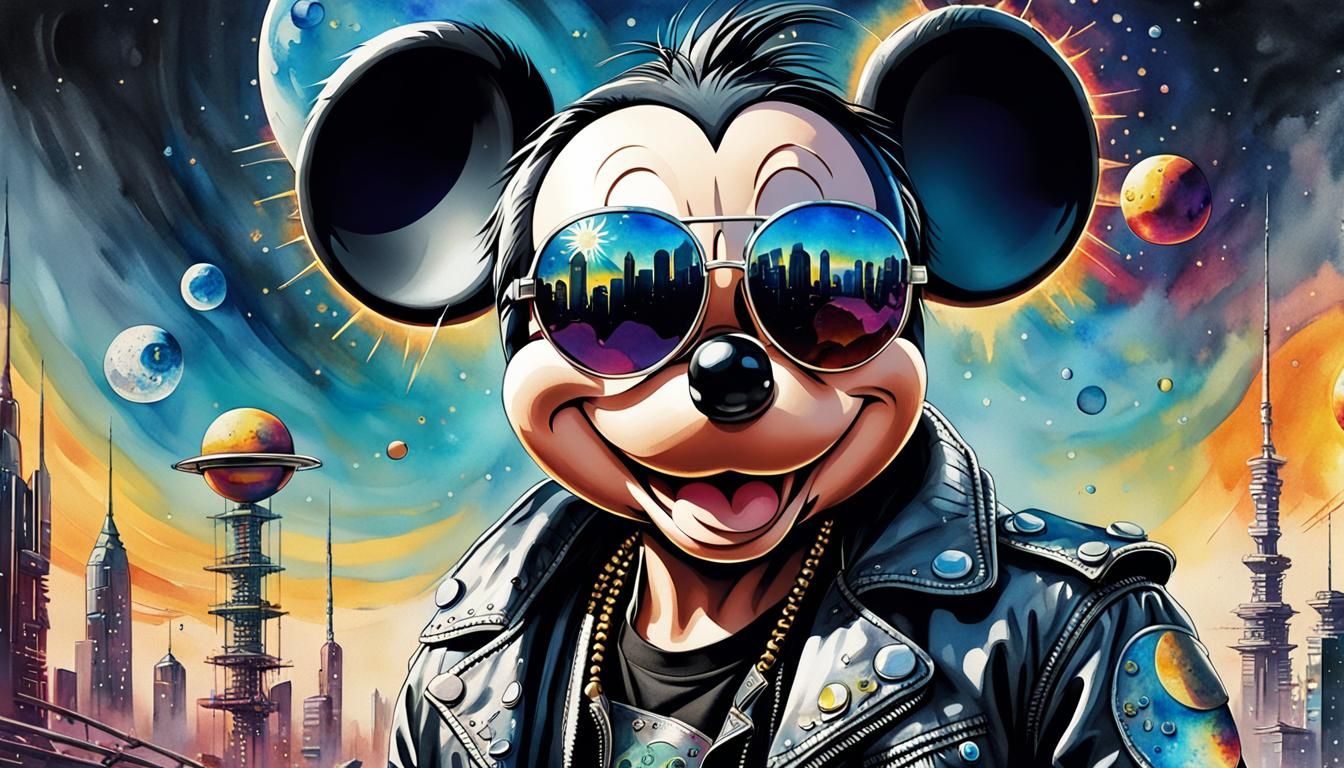 Cyberpunk Mickey Mouse in Dystopian City, Pop Art Style