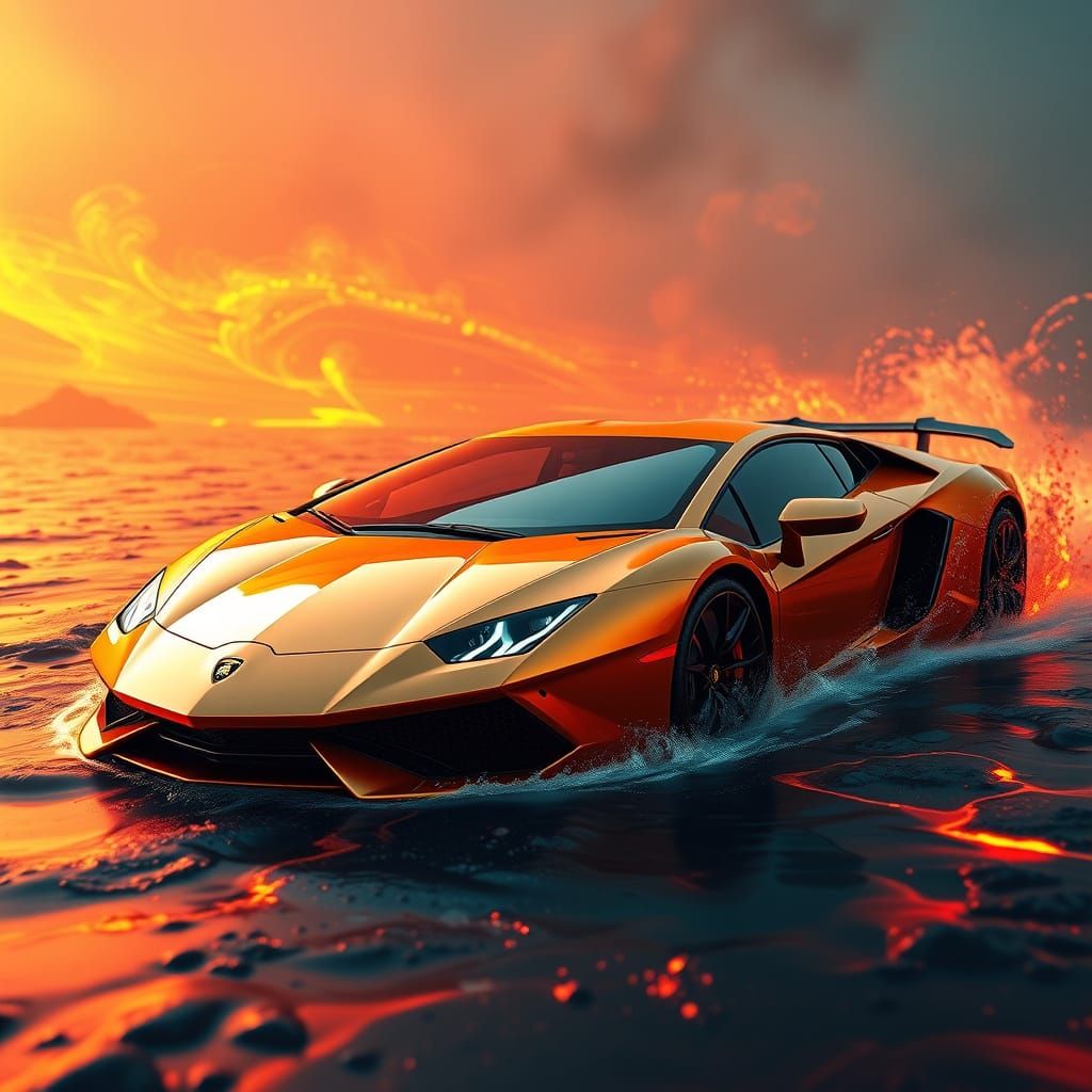 Hyperrealistic Lamborghini Frozen in Lava Splash Art Pose