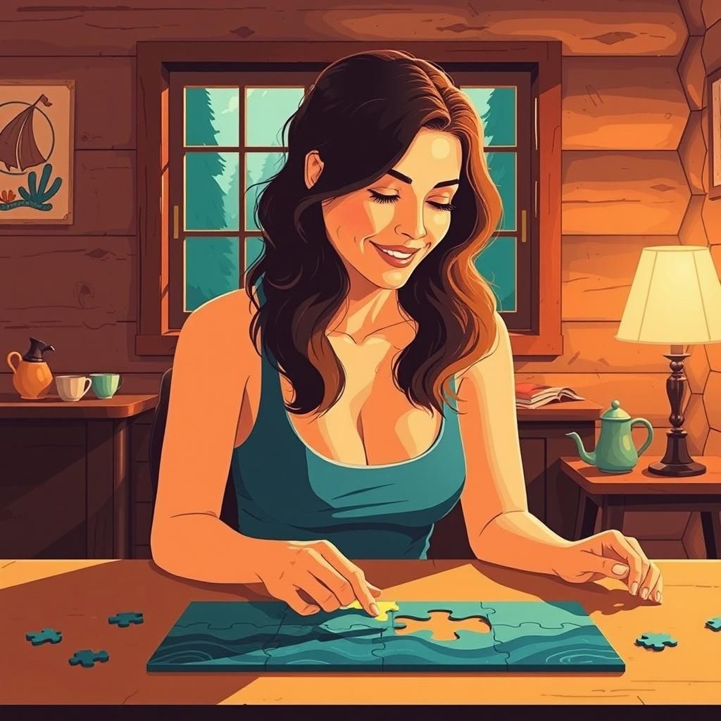 Woman Completes Ocean Puzzle in Log Cabin: Vector Art