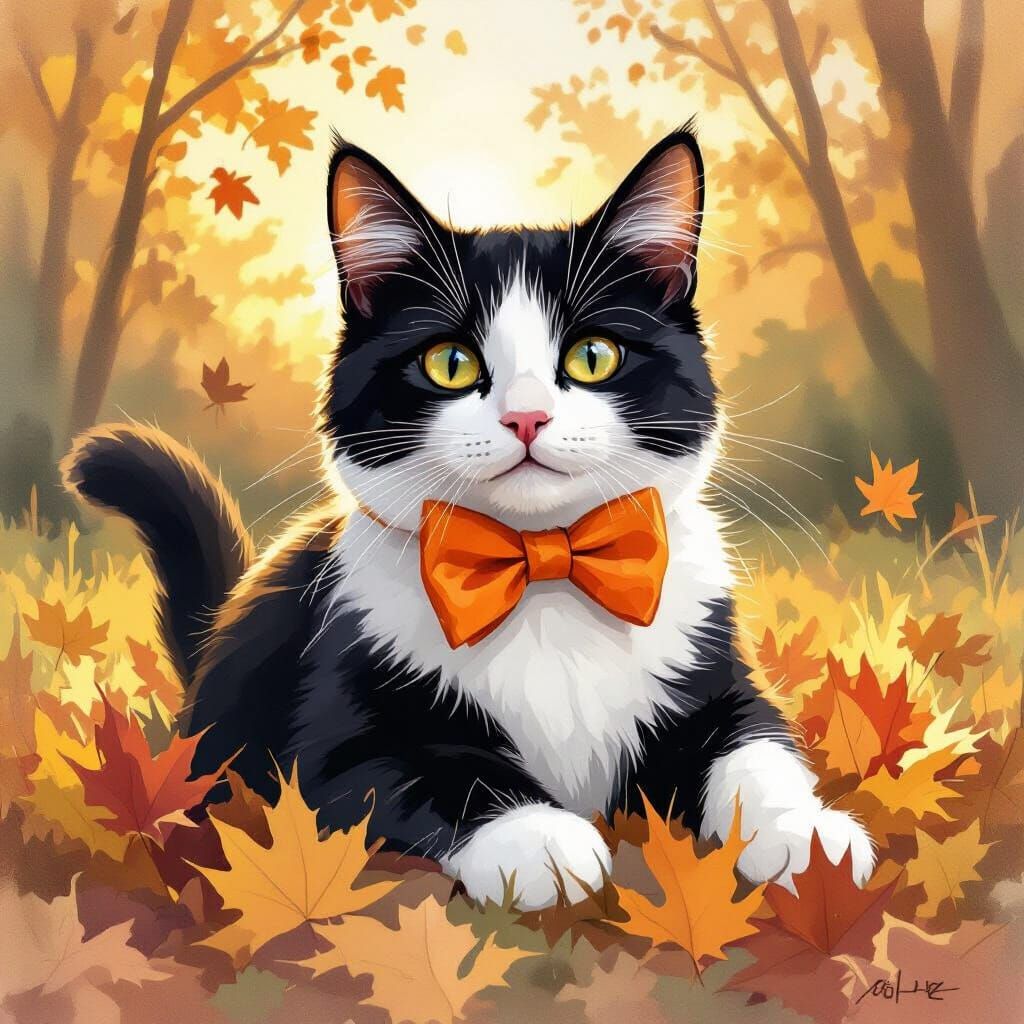 Tuxedo Cat in Autumn Light, Watercolor Style