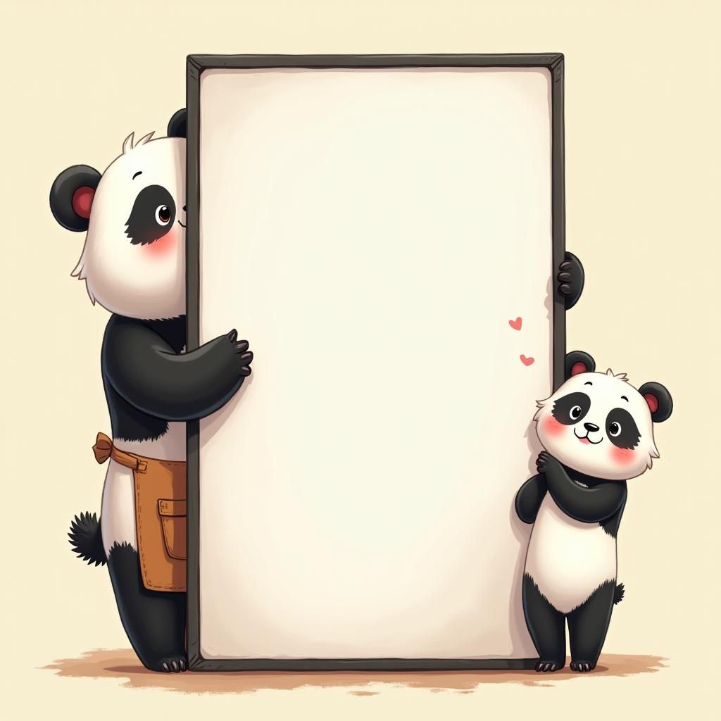 Panda Mom and Kid with Whiteboard, 2D Cartoon