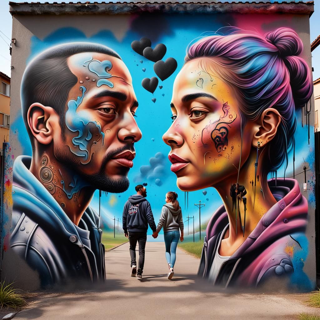 Graffiti Couple Walking into a Land of Love