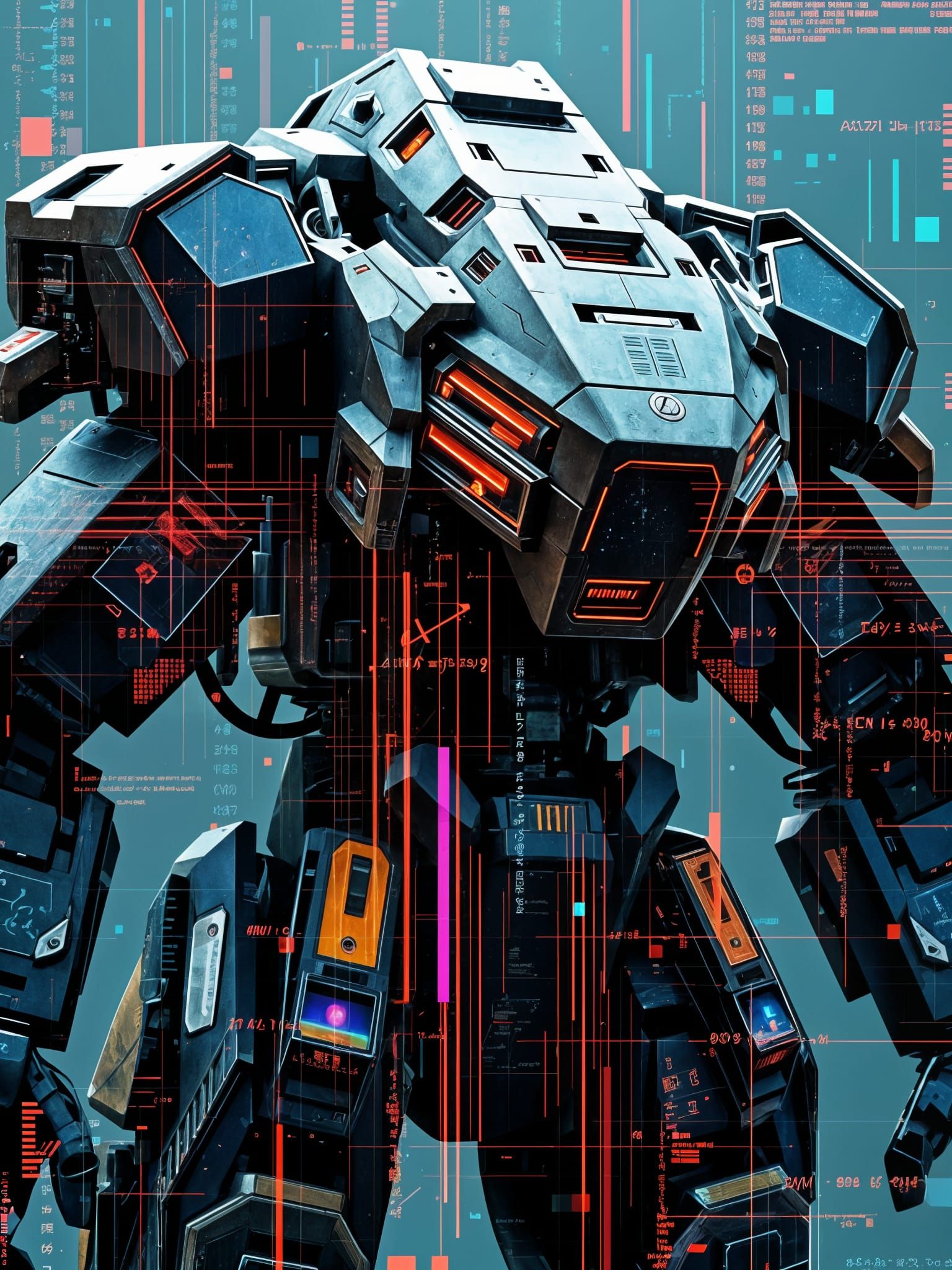 Armored Core Mech with Glitch Photography Overlay