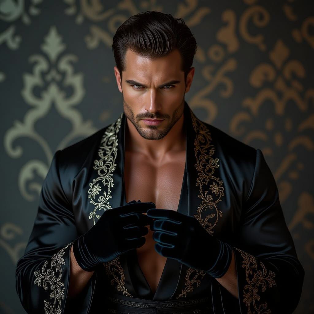 Moody Man in Silk Robe with Gothic Elegance