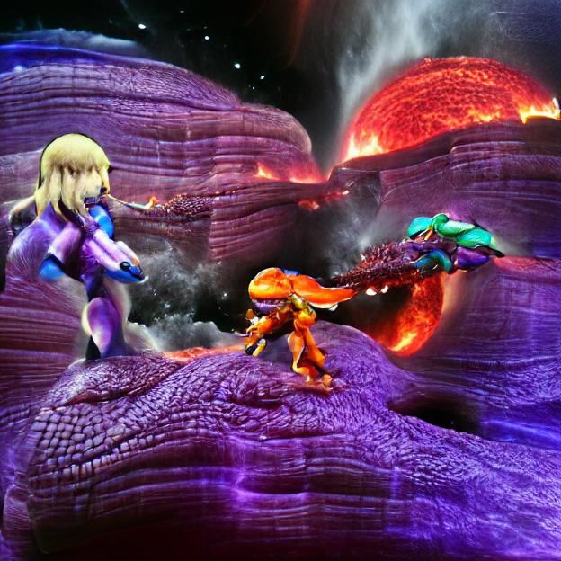 Samus Aran Battles Dragon on Lava Planet