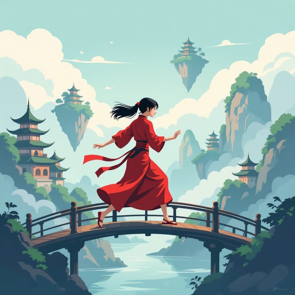 Kunoichi Running Across Bridge on Floating Islands