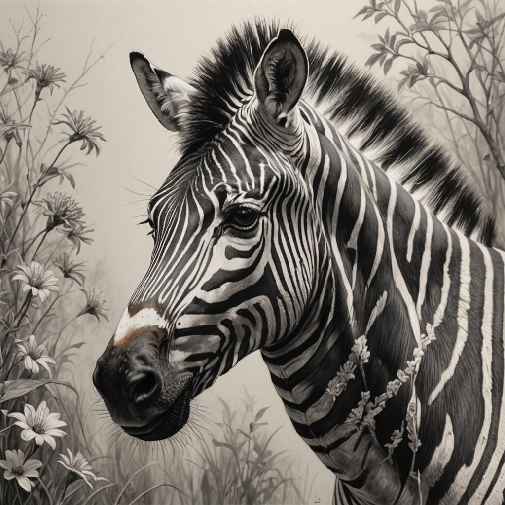 African Zebra Pencil Drawing with Floral Accents