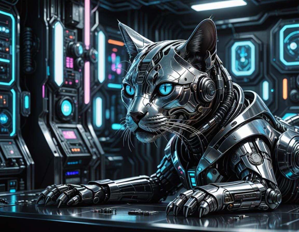 Robot Cat Portrait in Cyberpunk Laboratory