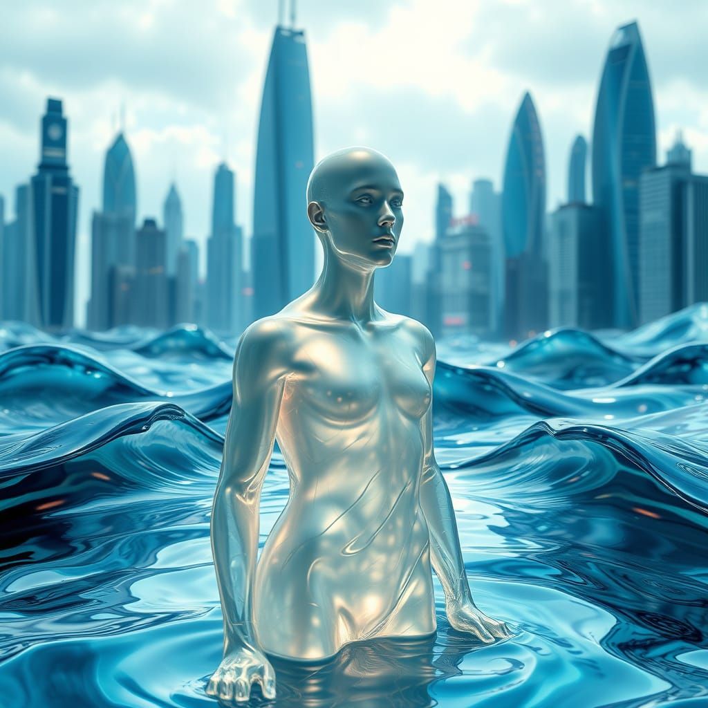 Ethereal Liquid Cityscape in Hyperrealistic Style