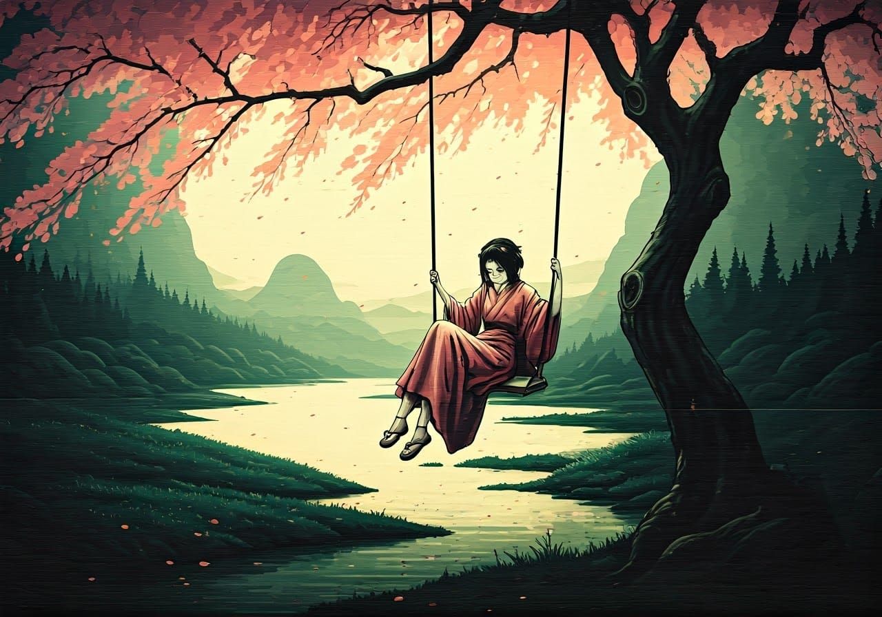 Kabuki Girl Swinging in Cherry Blossoms, Ukiyo-e Style