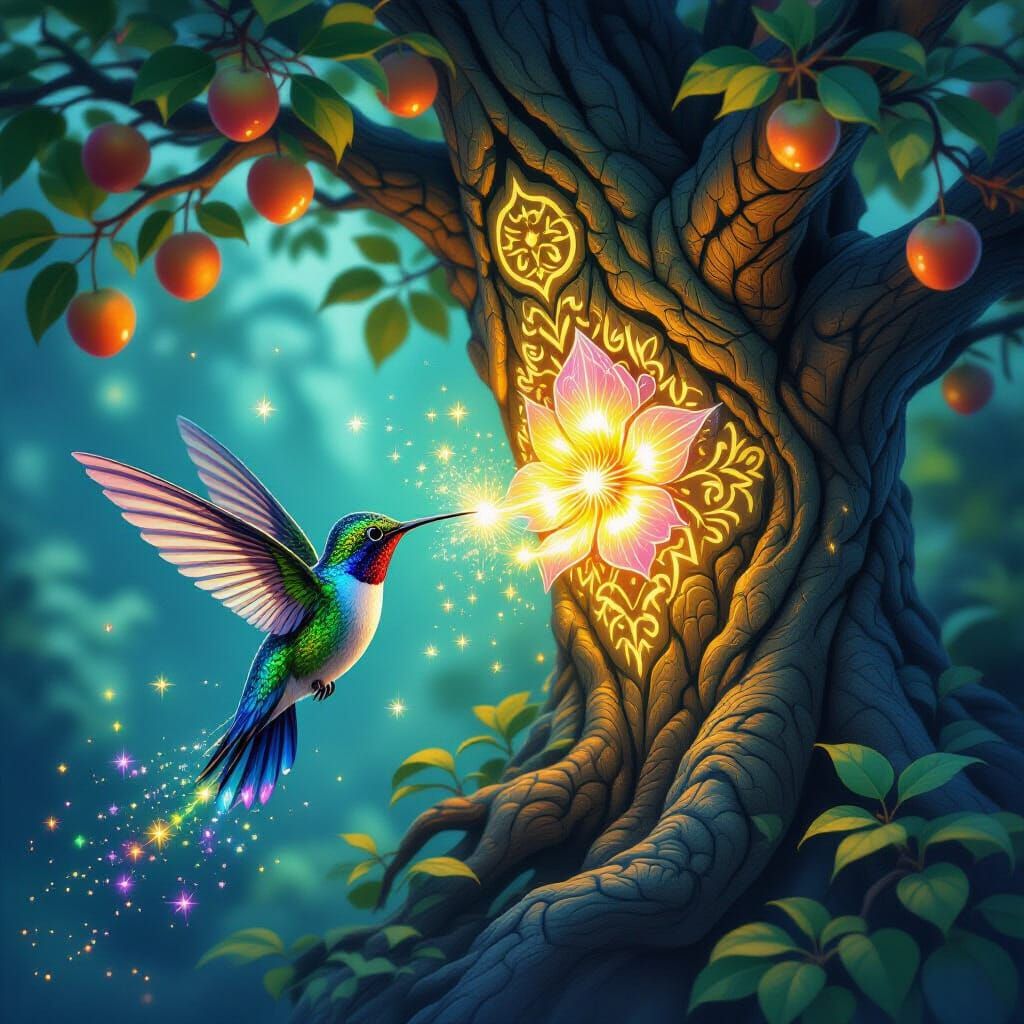 Iridescent Hummingbird Drinks Pollen from Magical Glowing Tr...