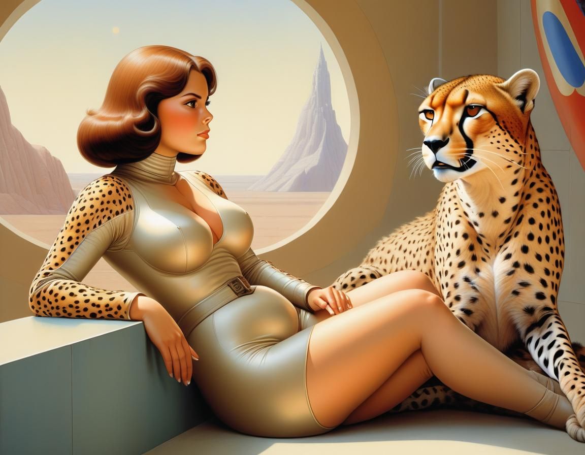 Woman and Cheetah Illustration in Sci-Fi Style
