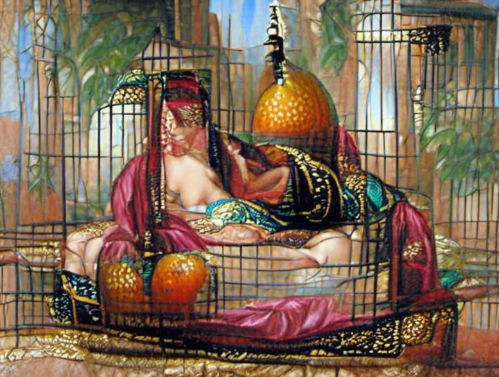 Odalisque in Orientalist Oil Painting with Birdcage