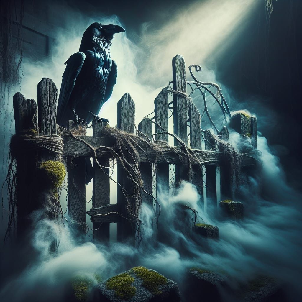 Eerie Raven Perched on Fence in Dense Fog