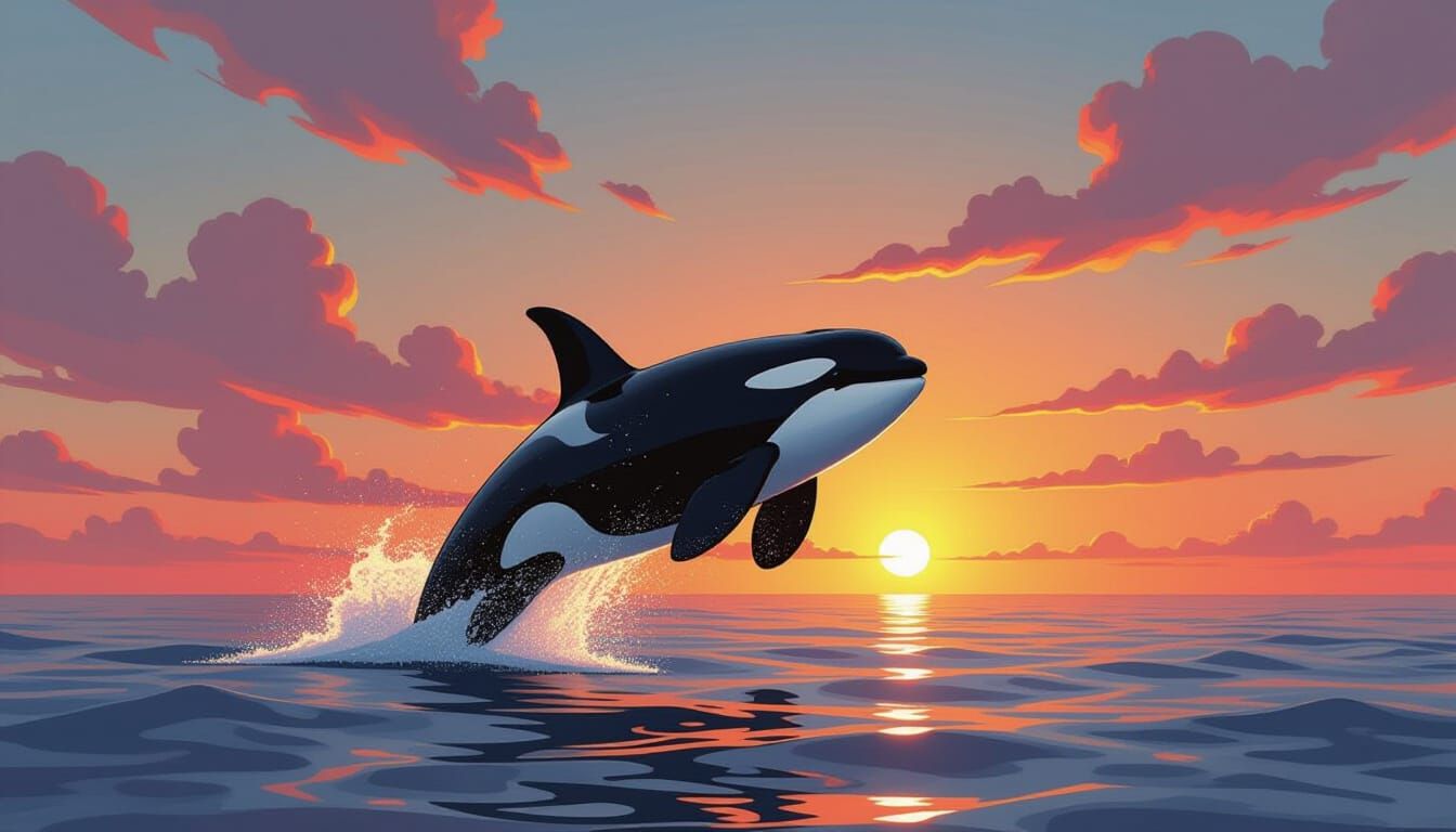 Orca Breaching at Sunset: Stylized Digital Painting