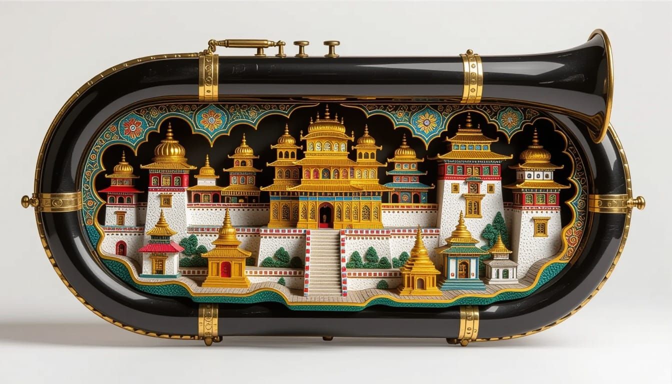 Abstract Miniature Cities Inside a Black Tuba