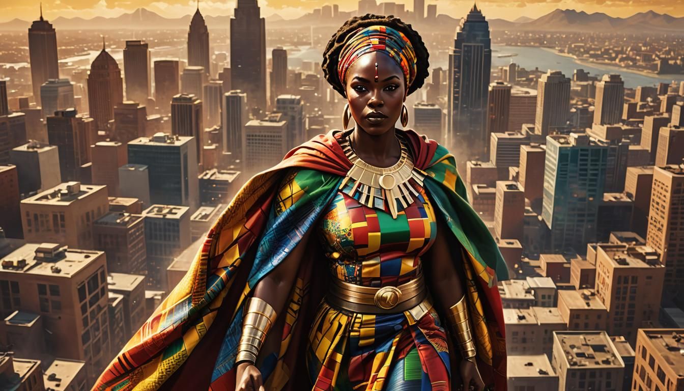 African Superheroine in Kente Cloth Costume