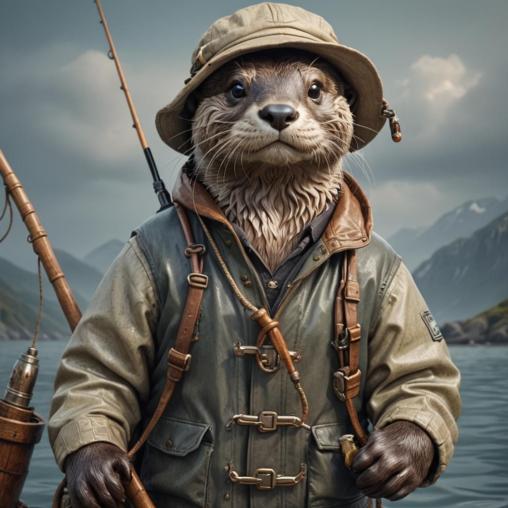 Anthropomorphic Otter Fisherman: Hyper-Realistic Detail