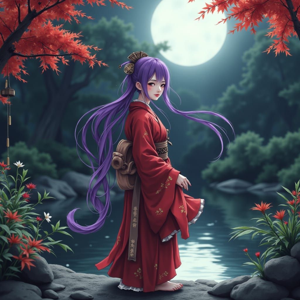 Yokai Woman with Violet Hair in Sumi-e Style
