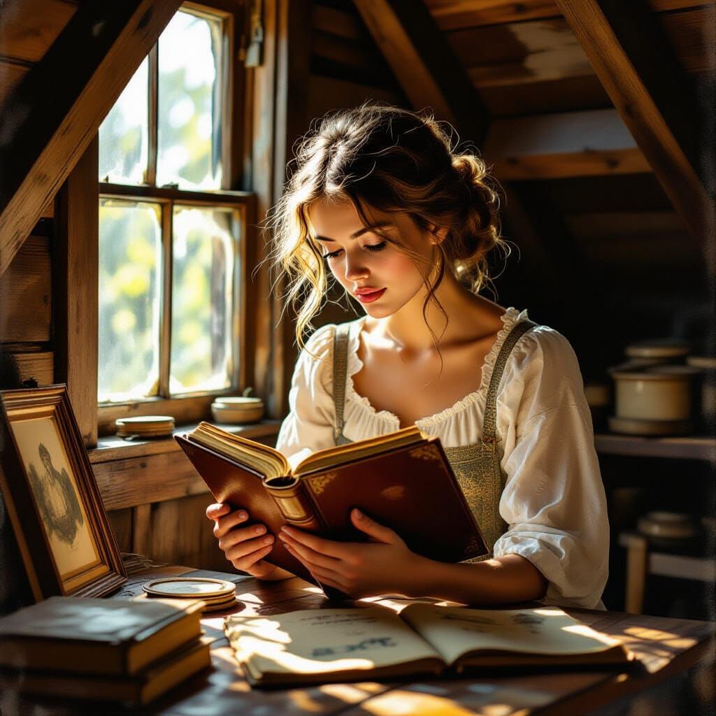 Woman Examines Photo Album in Sunlit Attic